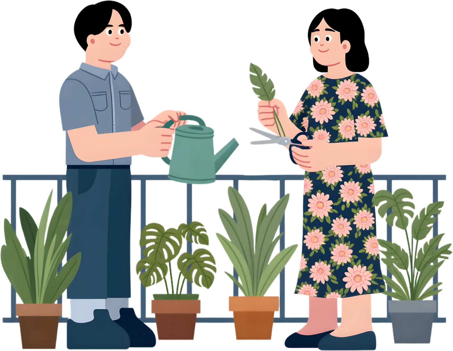 Two people caring for indoor plants